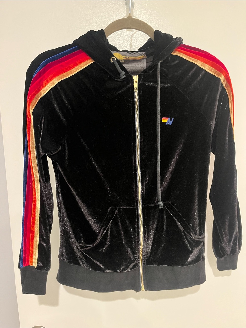 Aviator nation velour black hoodie with stripes